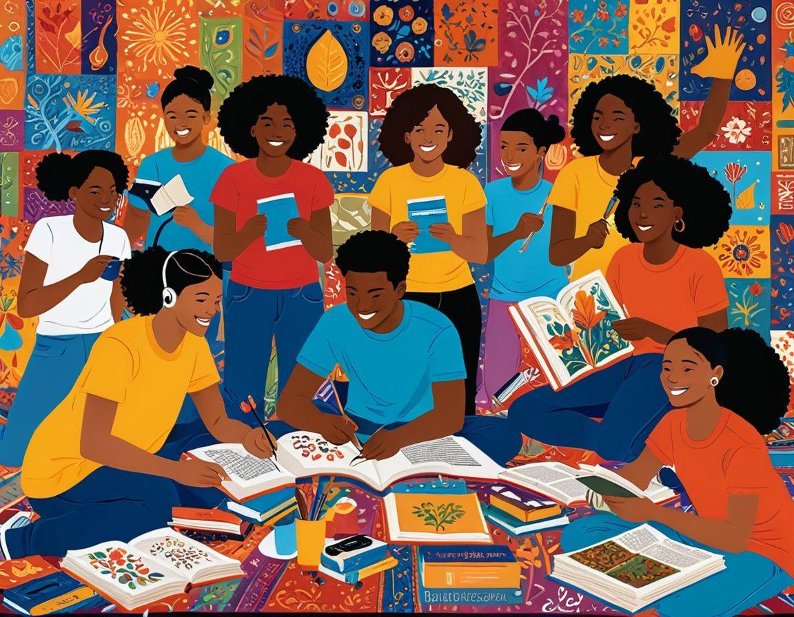 A vibrant illustration of diverse teenagers engaging in various activities that reflect their unique experiences, such as art, sports, and technology, against a colorful backdrop that symbolizes growth and empowerment. The scene should capture a sense of community, joy, and exploration, with elements like books, paintbrushes, and musical instruments scattered around. Bright, engaging colors to attract a youthful audience. playful, cartoonish style.