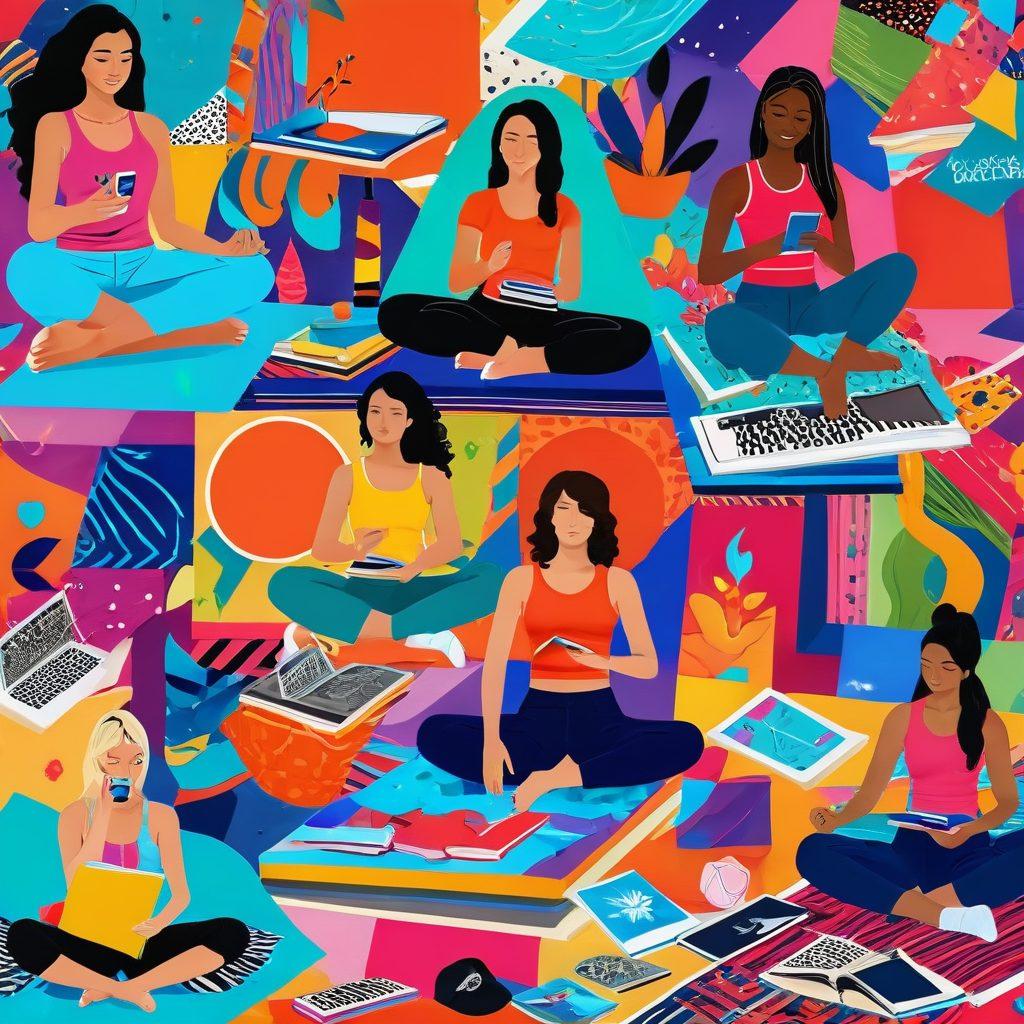 A vibrant collage representing modern teen life, featuring diverse teens engaging in various activities like socializing, exercising, meditating, and studying amidst colorful, abstract trend patterns. Include elements like smartphones, sports gear, books, and wellness icons like yoga mats and healthy food. Bright and energetic color palette capturing the essence of youth and wellness. 3D illustration. vibrant colors.