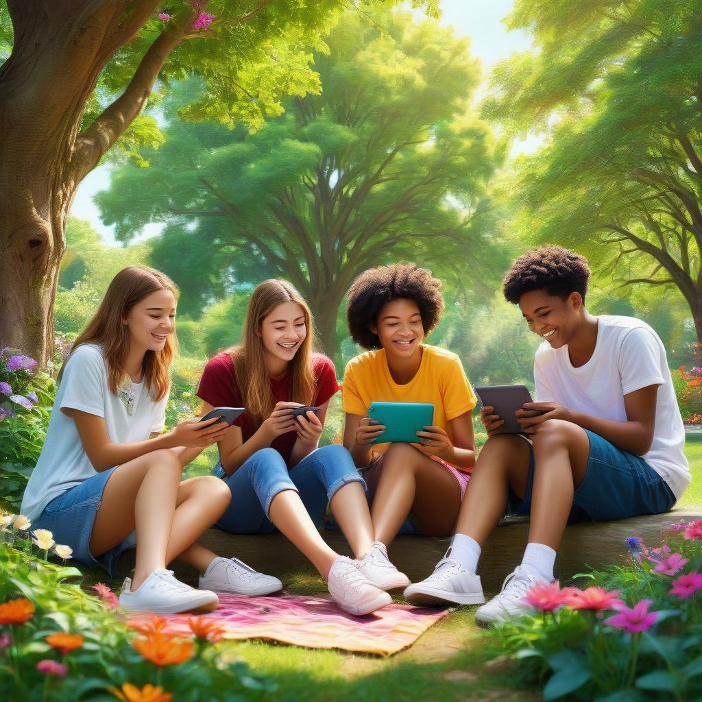 A diverse group of teenagers laughing and sharing meaningful conversations in a bright park setting, surrounded by trees and colorful flowers symbolizing growth and empowerment. They are engaging in various activities like writing, drawing, and using tech devices, representing modern connection. The scene radiates warmth and positivity, highlighting strong interpersonal bonds. digital art. vibrant colors. natural lighting.